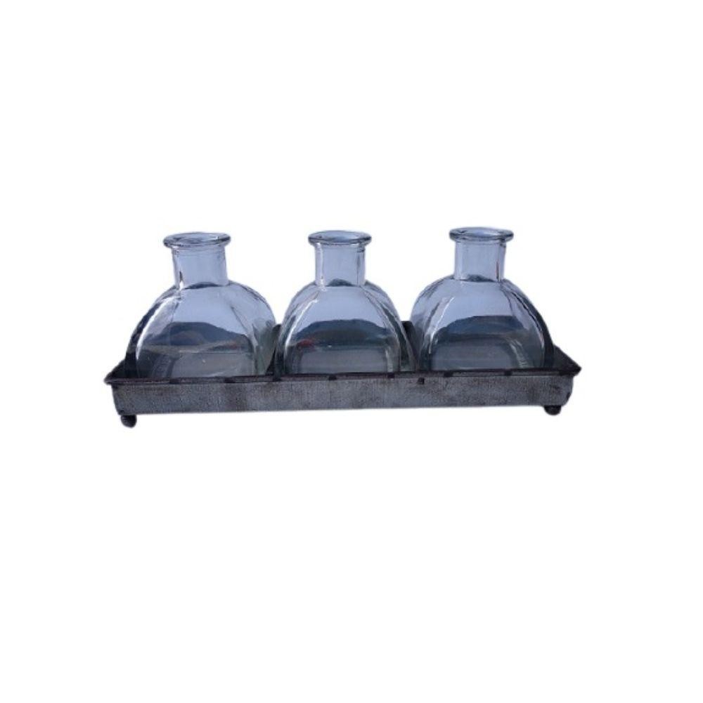 SOPORTE CON 3 JARRONES DE VIDRIO (FLORERO)