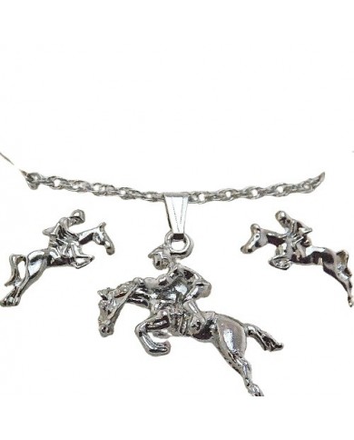SET ARETES Y COLLAR CABALLO SALTANDO PLATEADO