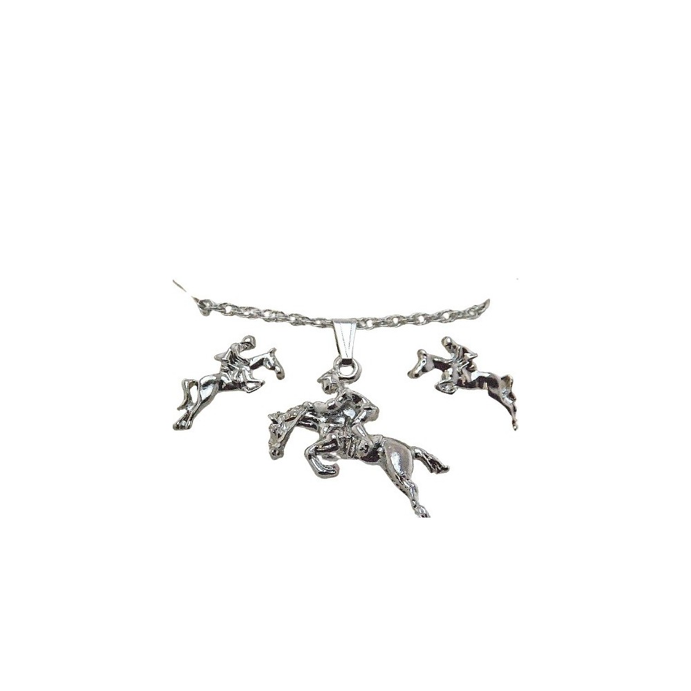 SET ARETES Y COLLAR CABALLO SALTANDO PLATEADO